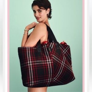 NWT Victoria's Secret Black Plaid Tote with Red and White Stripes